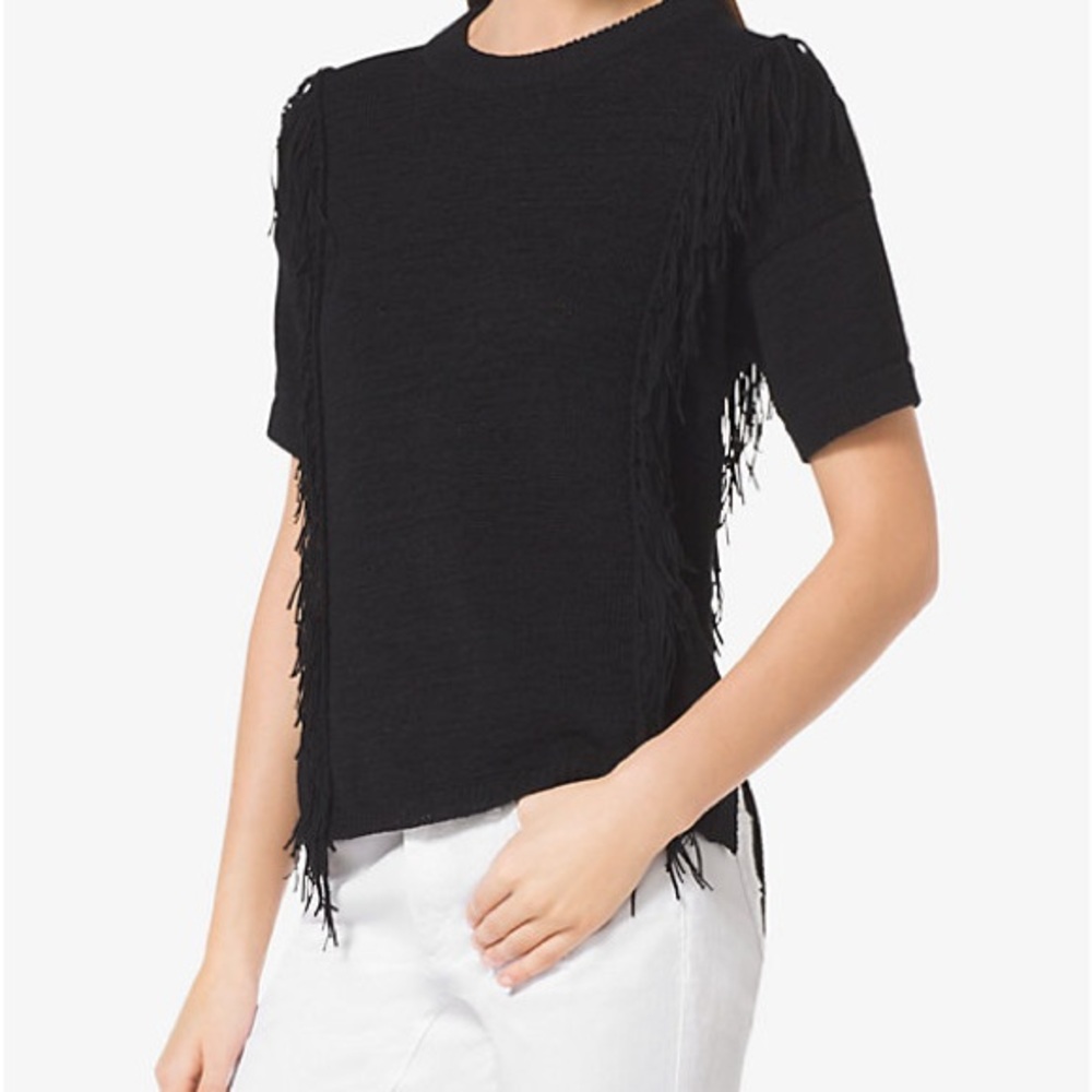 Michael Kors Black Knit Fringe Crewneck Top